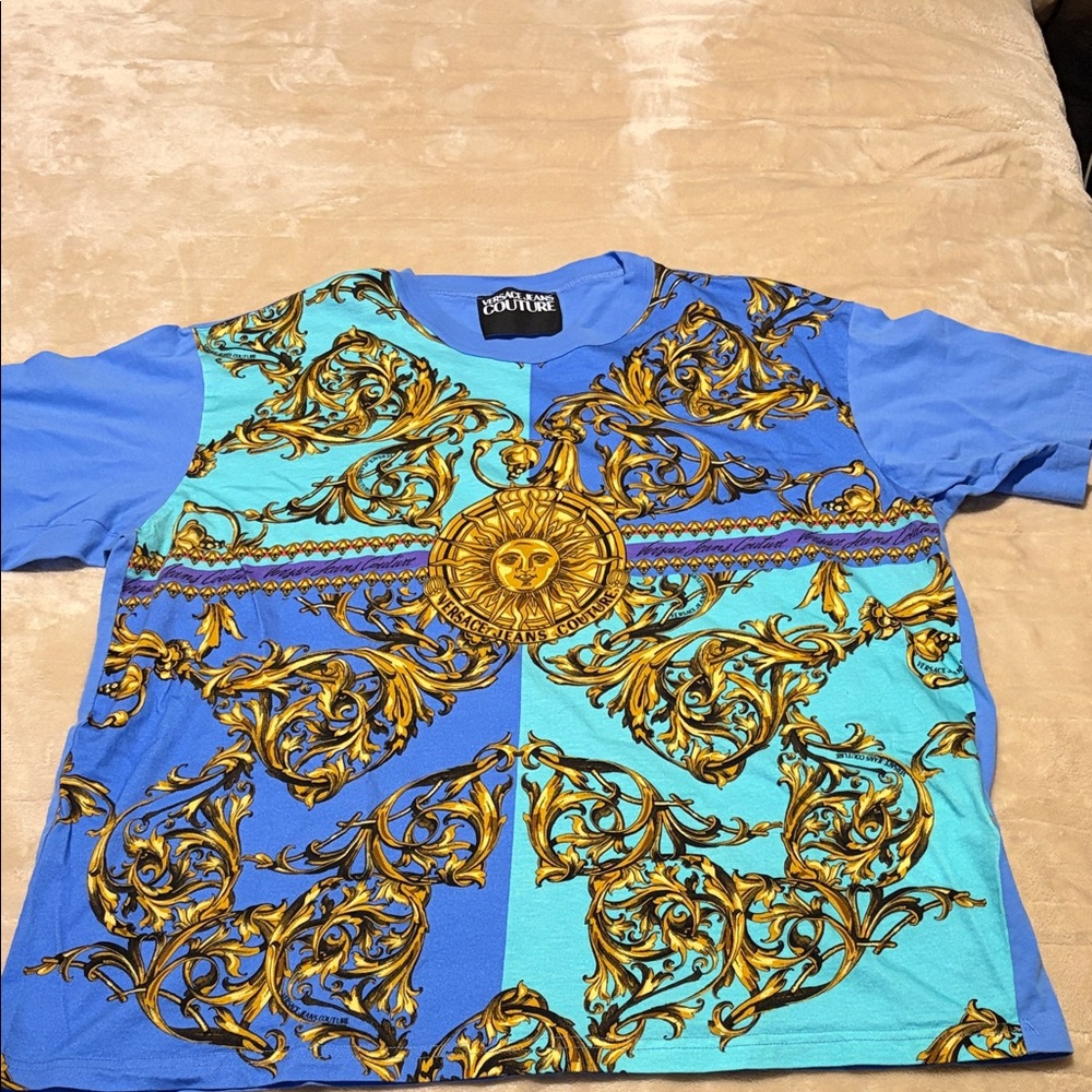 Versace Jeans Collection Blue & Turquoise Baroque Print Short Sleeve Tee XXL